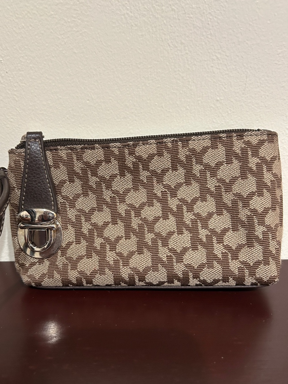 New York & Company Tan and Brown Patterned Wristlet Clutch